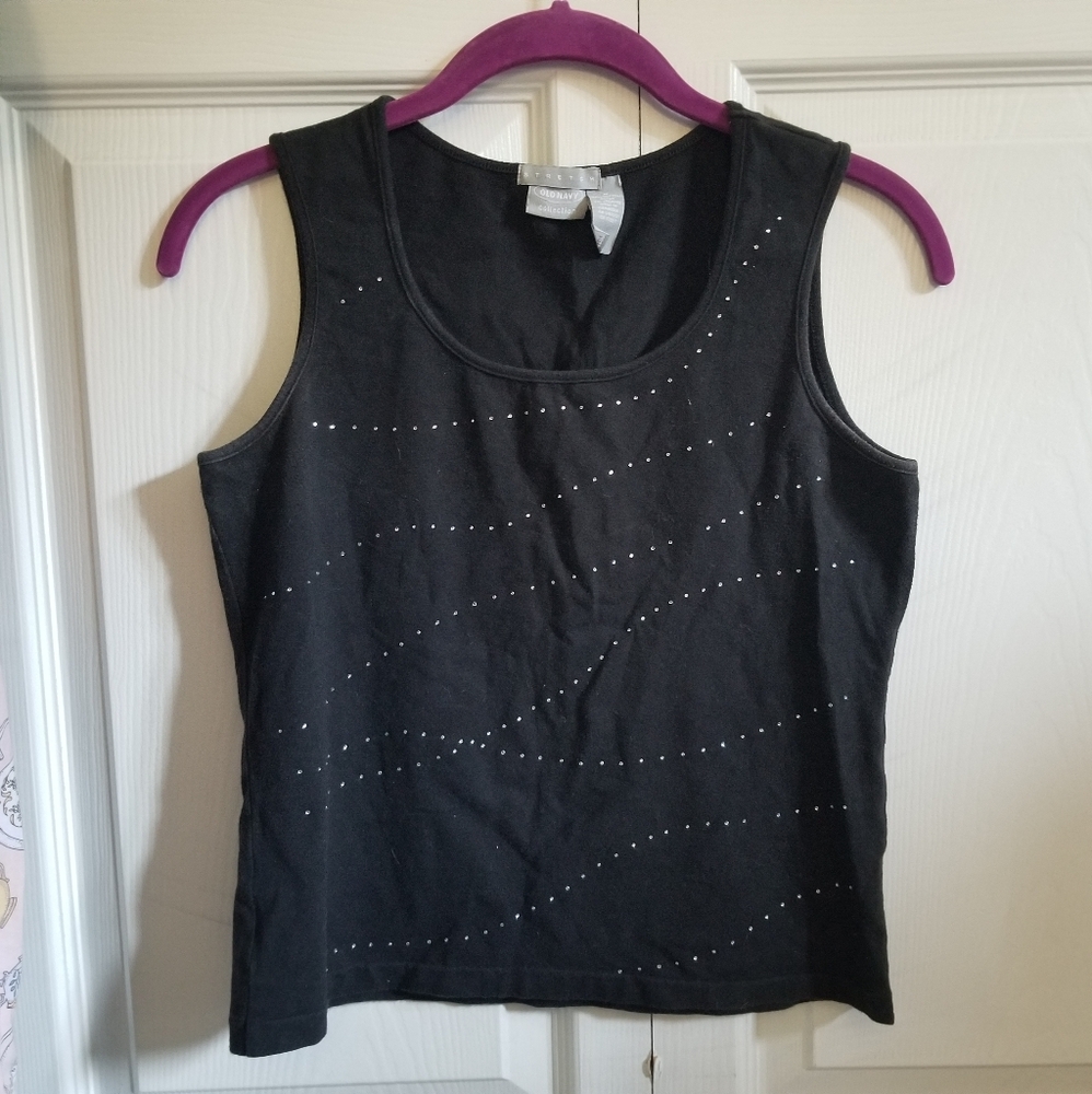 Y2K Vintage Women's Tank Top Medium Black Silver Rhinestones Bling Stretch